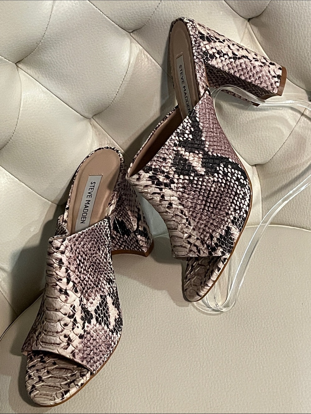Steve Madden Taupe and Black Snakeskin Peep-Toe Block Heel Mules
